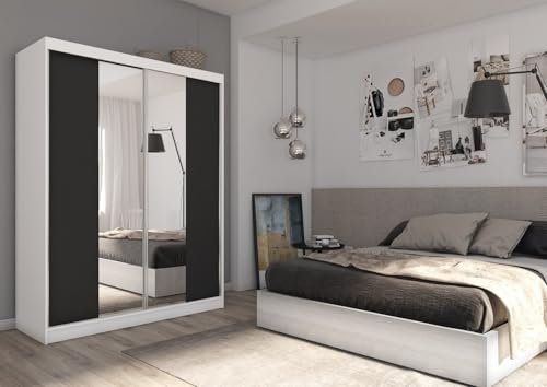 AGMAT-FURNITURE Schwebetürenschrank Lyon, Kleiderschrank mit 2 Türen, Moderne Garderobe in Farbe: Weiß/Schwarz, Schrank in Größe: 160 x 216 x 61 cm