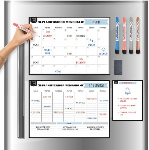 DESK GLOBAL - Pack 2 Calendario Magnético para Nevera Mensual y Semanal (42x30 cm) + Pizarra Magnética Pequeña + 4 rotuladores + borrador - Planificador Español - Tablero de Calendario 2025