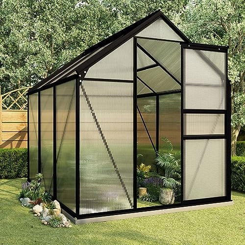 Begehbares Gewächshaus aus Polycarbonat mit Aluminiumrahmen und Fundament für Gartenfundament 190 x 190 x 202 cm ideal für Pflanzen Grow House Gartenhaus Bodenfixierung 3,61 m²