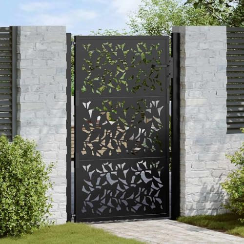 IKAYAA Gartentor 105x155 cm Stahl, Blätterdesign, Gartentür aus Metall verzinktem Stahl, Gartentür, Gartentor Metall, Gartentore, Einfahrtstor, Gartenpforte, Hoftor, Stahl/Schwarz