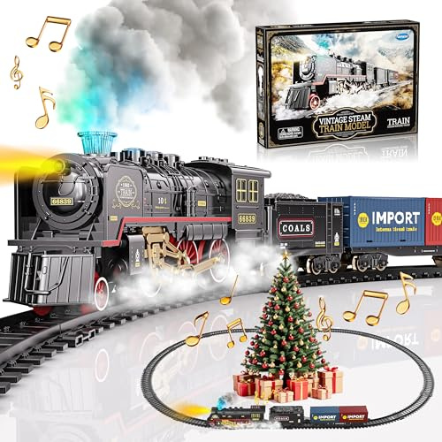 Funwee Train Set for Under Christmas Tree,Electric Train Toy with Smokes,Lights and Sound,Locomotive Train Model with Track,Gifts Idea for 3 4 5 6 7+ Years Old Toddler Boys and Girls