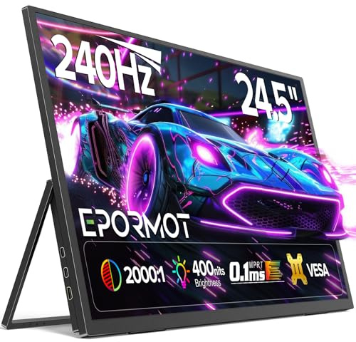 24.5 240Hz Portable Monitor, Gaming Monitor with FreeSync, HDR, 0.1ms, 180° Adjustable Support and VESA, USB-C and HDMI, 2000:1 Contrast, 400Nits Large Travel IPS Display for