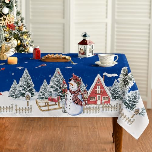 Artoid Mode Blu Casa Neve Alberi Recinzione Pupazzo di neve Natale Tovaglia 140 x 110 cm, Antimacchia Invernale Biancheria da tavola Decorazione per feste