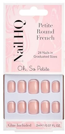Nail HQ Press-On Nails – Petite Round French Nails, 24 Durable Glossy Finish False Nails for Salon-Quality Manicure at Home