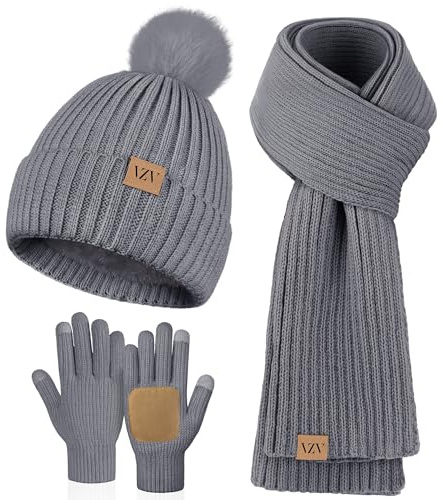 VZV Damen Winter Beanie Mütze Schal Handschuhe Set Fleece Gefütterte Strick Pompon Mütze Warm Halstuch Touchscreen Handschuhe Geschenk Für Frauen (Grau, Einheitsgröße)