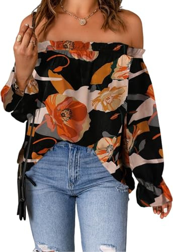 ROFUSSO Top de Manga Larga con Hombros Descubiertos para Mujer Blusas Elegantes con Estampado Bohemio Blusas Informales para el Otoño(A-Negro,L)