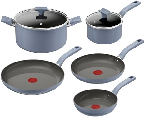 Tefal CERA COLOR ON 7tlg. Keramikset, Go Ceram Antihaftbeschichtung | (Pfannen 20/24/28cm, Kasserolle 16cm & Schmortopf 24cm + Deckel), recycelter Aluminiumkörper, alle Herdarten, Blau