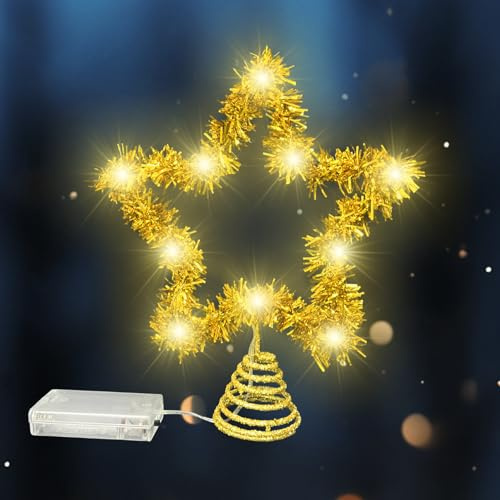 Christbaumspitze Stern, 20 X 25cm Weihnachtsbaumspitze Sterne, mit 10 LED Stern Lametta Christbaumspitze, Glitzernd Weihnachtsbaum zu Weihnachtenspitze, für Christbaumschmuck baumspitze (Gold)