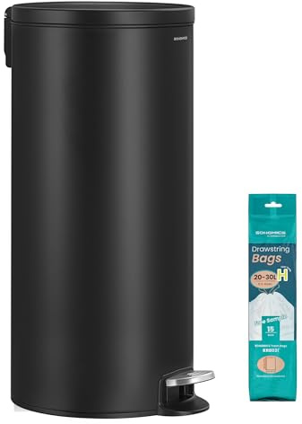 SONGMICS Poubelle 30 L, Rond, avec 15 Sacs Poubelles, Pédales en Métal, Seau Amovible en Plastique, Poignée, Couvercle à Fermeture en Douceur, en Acier, Noir d'Encre LTB031BZ02