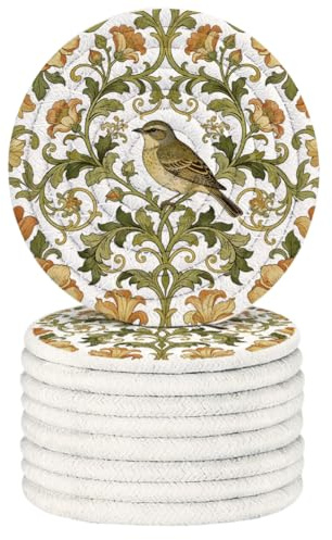 ANATTASOUL 9 Stück Untersetzer Gläser Rund, William Morris Vögel und Blumen Boho Untersetzer Baumwolle 11 cm Saugfähigen Getränkeuntersetzer, Tasse Coaster für Zuhause Büro Tischdeko Einzugsgeschenke