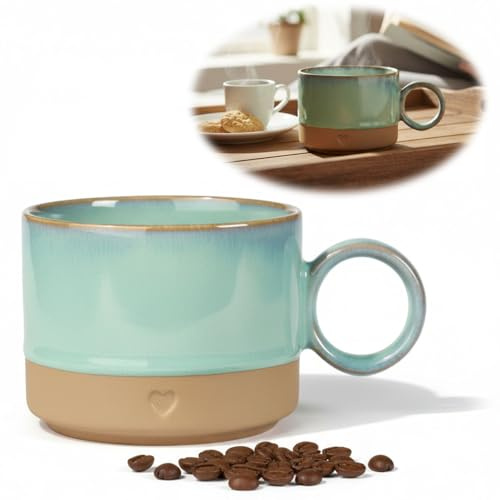 LS-LebenStil Exklusiver Tonbecher 290ml Kaffeebecher Aqua Heart Kaffeehäferl Steingut handgetöpfert mit schwimmender Glasur Tontasse XL Jumbo Henkelbecher Kaffeetasse Kaffee Milchkaffee Cappuccino