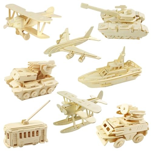 YunBey 8er Set 3D-Holzpuzzle, Militärfahrzeuge See-Land-Luft | Holz-Modellbausatz, lasergeschnitzt, steckbar ohne Kleber/Werkzeuge, ab 6 Jahren, fördert Motorik & Kreativität.