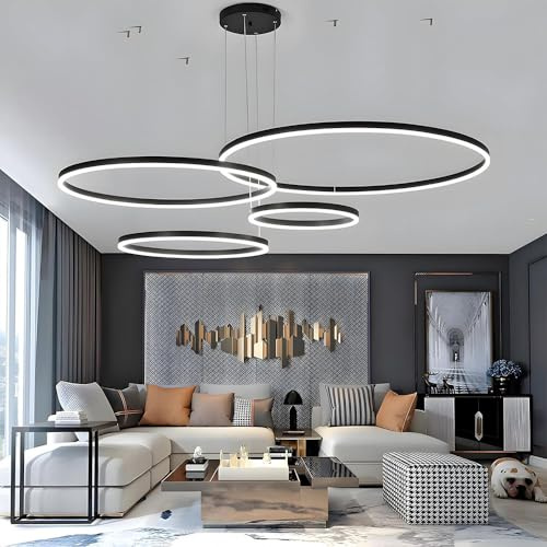 LED Pendelleuchte 4 Ringe Schwarz Dimmbar Höhenverstellbar 20/40/60/80cm | Wohnzimmer Hängelampe, 150cm, 130W, 10400lm, Fernbedienung, 3000K-6500K, Memory-Funktion, LED Hängelampe Ring Esszimmer