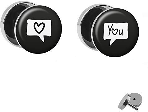Treuheld® | Set - Sprech-Blase Herz & You - 2 Ohrstecker zum Schrauben mit I Love You Spruch - SCHWARZ-Weisse Fake Plugs - Ø 10mm - Ohrringe - Silber Chirurgen-Stahl ICH Liebe Dich Fake-Tunnel