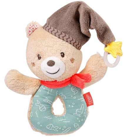 Fehn 060164 Ring-Greifling Bär – Greifling mit Rassel und Schnullerbefestigung für Babys und Kleinkinder ab 0+ Monaten – Maße: 13 cm
