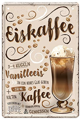 Eiskaffee Blechschild - Retro Deko Kaffee Espresso Schild - Metallschild zur Dekoration von Küche Kaffeeladen Kaffeehaus American Cafe Diner Bistro - Anleitung Rezept zum Selbermixen - 20x30cm
