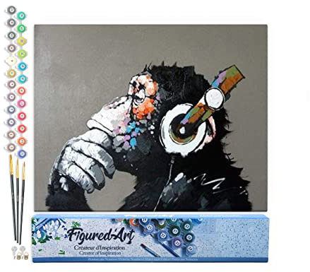 Figured'Art Peinture par Numéro Adulte Singe casque audio - Activité Manuelle Kit de Loisir Créatif DIY Numéro d'Art Complet - 40x50cm sans châssis en bois