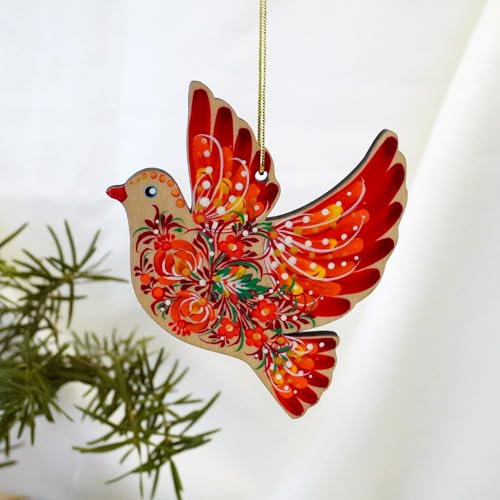 Taube Christbaumschmuck Flacher Vogel Osteranhänger Fenster Deko aus Holz Bunt Handbemalt mit Blumenmuster Petrykiwka-Malerei, Ukrainische Volkskunst