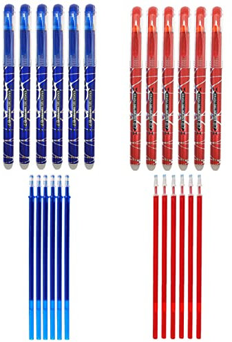 RHardware 12 bolígrafos de tinta roja, azul, borrable de 0,7mm y 12 recambio de gel de bolígrafos, papelería escolar