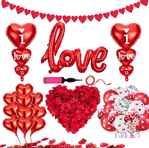 Valentine's Day Decorations Kit -I Love You Heart Foil Balloons Hearts Hanging Banner Garland,1000 PCS Red Rose Petals for Valentines Wedding Bridal Anniversary Engagement Proposal Romantic Decor