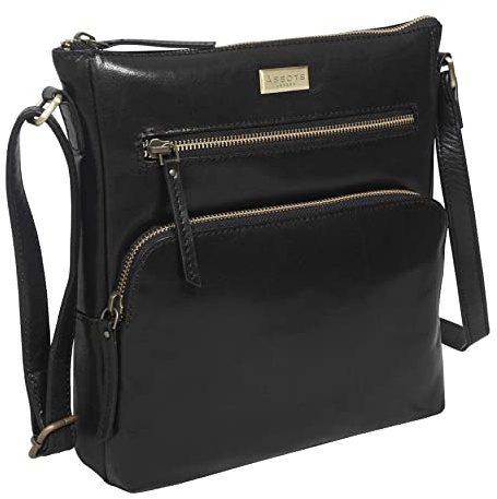 ASSOTS Leather Crossbody Bag for Women – Triple Zip Crossover Purse Travel Bag Fits iPad Pro 11” (Agatha - Black Vt)