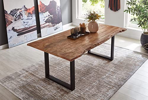SAM Esstisch Dora 120 x 80 cm, Mangoholz massiv, lackiert & naturfarben, Baumkantentisch mit U-Metallgestell in Mattschwarz, echte Baumkante, 26 mm