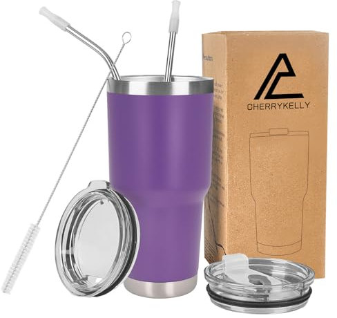 CherryKelly 30oz (850ml) Insulated Travel Tumbler Mug Stainless Steel Vacuum Coffee Cup with 2 Leak-Proof Lids & Straws, BPA-Free, Hot & Cold, Commute, Gym, Office - Purple