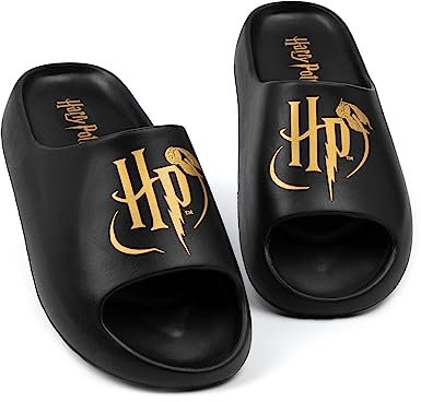 Harry Potter Sliders Damen Frauen | Schwarz geformte Sandalen Golden Snitch HP Logo | Magische Sommerschuhe Schuhe