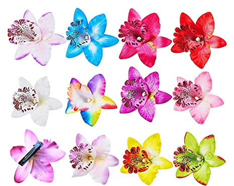 Haarnadeln mit hawaiianischen Blumen, bunte böhmische Orchidee, Krokodil-Haarnadeln für Damen, Mädchen, Brautschmuck, Hochzeit, Party, Strand, Haarstil-Zubehör, 12 Stück