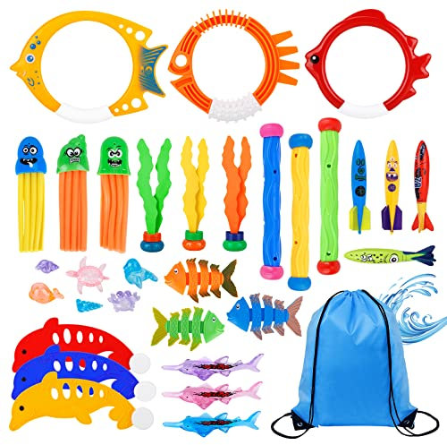 DICLLY 38Pièces Jouets de Plongée,Jouets Piscine Enfant Jouet sous Eau été,Accessoires de Plongée de Piscine,avec Anneaux de Plongée,Torpedo Bandits,Bâtons de Plongée,Enfants L'entraînement sous-Marin