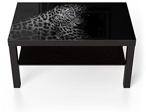 DEQORI Glastisch | schwarz groß 90x50 cm | Motiv Leopard mit blauen Augen | ausgefallener Beistelltisch aus Glas | Hochglanz Couchtisch fürs Wohnzimmer | moderner Couch Tisch mit Design