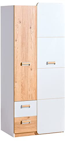 MINIO go for it Kleiderschrank Loreto - Doppeltür I 80x188x52 cm I Jugendzimmer I Kinderzimmer I Laminierte Spannplatte I Einlegeböden und Stangen Innen I Geräumige Schubladen I Eiche Nash und Weiß