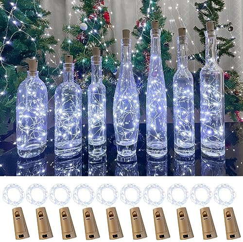 LEECOCO Lot de 10 ampoules LED pour bouteilles, 2 m, 20 LED, en liège, pour Noël, fête, mariage (10 pièces, blanc froid)