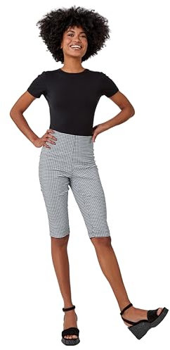 Roman Originals Knee Length Shorts for Women UK - Ladies Cropped Capri Stretch Bengaline Pants Crop Trousers Summer Legging Lounge Essentials Elasticated Casual Clothes - Black White - Size 18