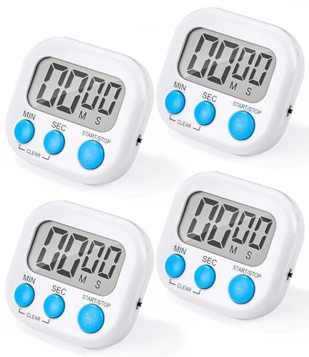 4 Pièces Minuteur de Cuisine Magnétique,Birshe Mini Minuteur de Cuisine Minuterie de Cuisson avec Grand écran LCD, Alarme Puissante pour Cuisiner, Jouer, Cuisiner, Faire de l'exercice Blanc