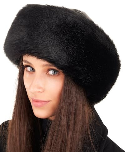 Futrzane Siberian Mütze mit Fellrand - Fellmütze Damen - Pelz und Leder Hut (S, Schwarz - Schwarz Siberian)