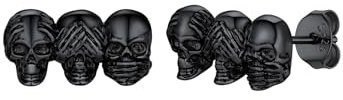 SILVERCUTE Silvercute Mens Black Stud Earrings Skull Jewellery See No Evil Hear No Evil Speak No Evil Halloween Earrings for Women Sterling Silver, 01.Stud Earrings-Black Plated