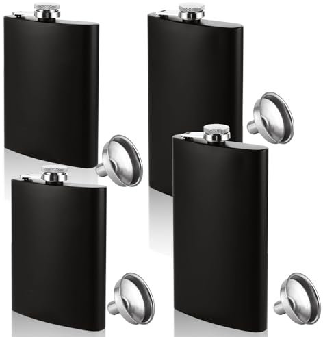 MUXHEL 4PCS Hip Flask 8+12 oz Stainless Steel Hip Flasks for Men with 4 Funnel Leak-Proof Portabl Black Pocket Hip Flasks for Women Men Climbing Camping Hiking Party