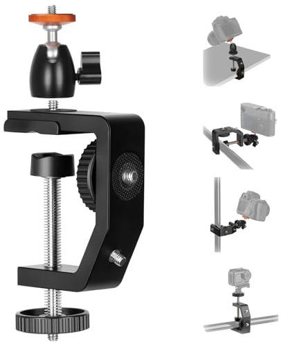 TARION Super morsetto con testa a sfera: C-morsetto treppiede per fotocamere DSLR, in lega di alluminio con vite da 1/4 pollici e mini testa a sfera per fotografia, videografia(TR-C)