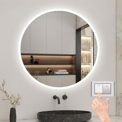 Biubiubath Rund LED Spiegel 80cm, Wandspiegel mit Touch/Wandschalter Beschlagfrei 3 Lichfarbe Dimmbar Runder Spiegel mit LED Beleuchtung IP44