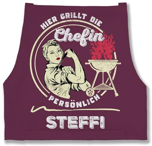 Schürze - Grillschürze Damen - Hier grillt die Chefin persönlich mit Namen I Geschenk Grillen Frauen - 85x69 - Aubergine - grillschürzen für