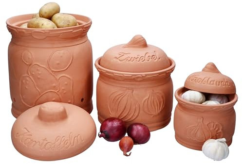 MamboCat Terra Lot de 3 pots à pommes de terre, pots à oignons et ail en terre cuite avec couvercle pour votre cuisine I Boîte de rangement avec relief et inscription I Idéal pour un stockage prolongé