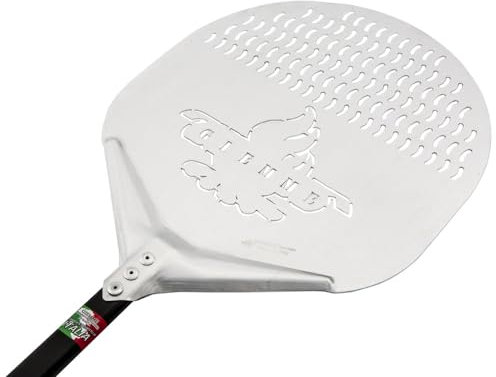 Pala para pizza perforada de aluminio, profesional, anodizada, forma redonda, plato perforado (Pala: ø 33 cm, Longitud del mango: 150 cm)