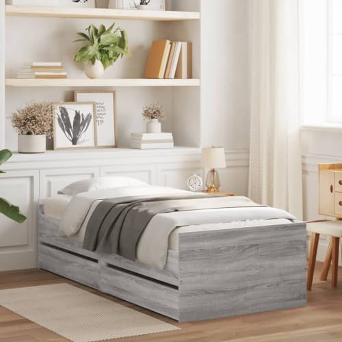 vidaXL Single Bed Frame with Drawers - Grey Sonoma Engineered Wood Bedstead, 90x190 cm, Bedroom Storage Solution