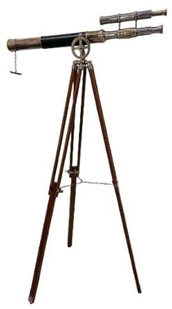 HOMYZ Nautical Antique Brass Floor Standing Double Barrel Telescope Wooden Tripod Floor Stand Marine Adjustable Telescope Navy Maritime Gift