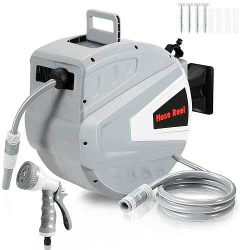 Vkechh Schlauchtrommel 20m, Gartenschlauch Trommel mit Handbrause, Aufroll-Automatik Schlauchbox, Schlauchaufroller 180-Grad-Drehung Schlauchtrommel Wandmontage(grau)