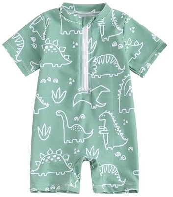Vioyavo Infant Baby Boy's Short Sleeve Swimsuit Round Neck Half Zip Up Shark Print Rash Guard Swimsuit Toddler Boys Bathing Suit (Za-Green, 2-3 Years)