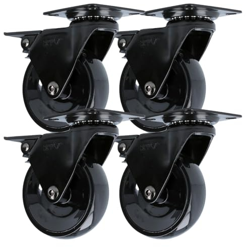MS Beschläge Design-Lenkrolle Polyurethan Möbelrolle mit Feststellbremse Möbeltransportrolle Schwarz Hartbodenrolle Anschraubplatte kugelgelagert (Ø 75mm, 4)
