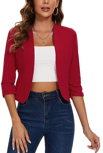 LADI TREND Womens Cropped Blazer Collarless Suits & Blazers Open Front Jackets 3/4 Ruched Sleeve Outerwear Half Linen Cardigan