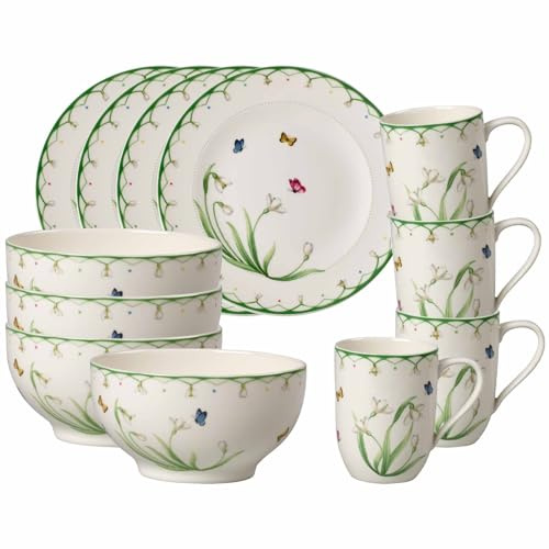 Villeroy & Boch Colourful Spring Frühstücks-Set 12-teilig | Kaffeebecher (340 ml), Müslischalen (750 ml) und Frühstücksteller (21,5 cm) für 4 Personen, Premium Porzellan, Weiß/Bunt